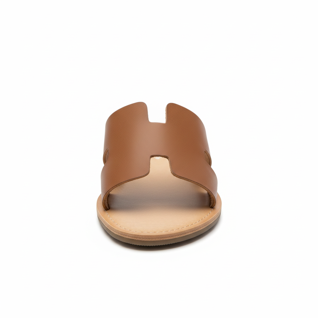 Tan H-strap flat slide sandal, front toe view showing cutout band detail, white background