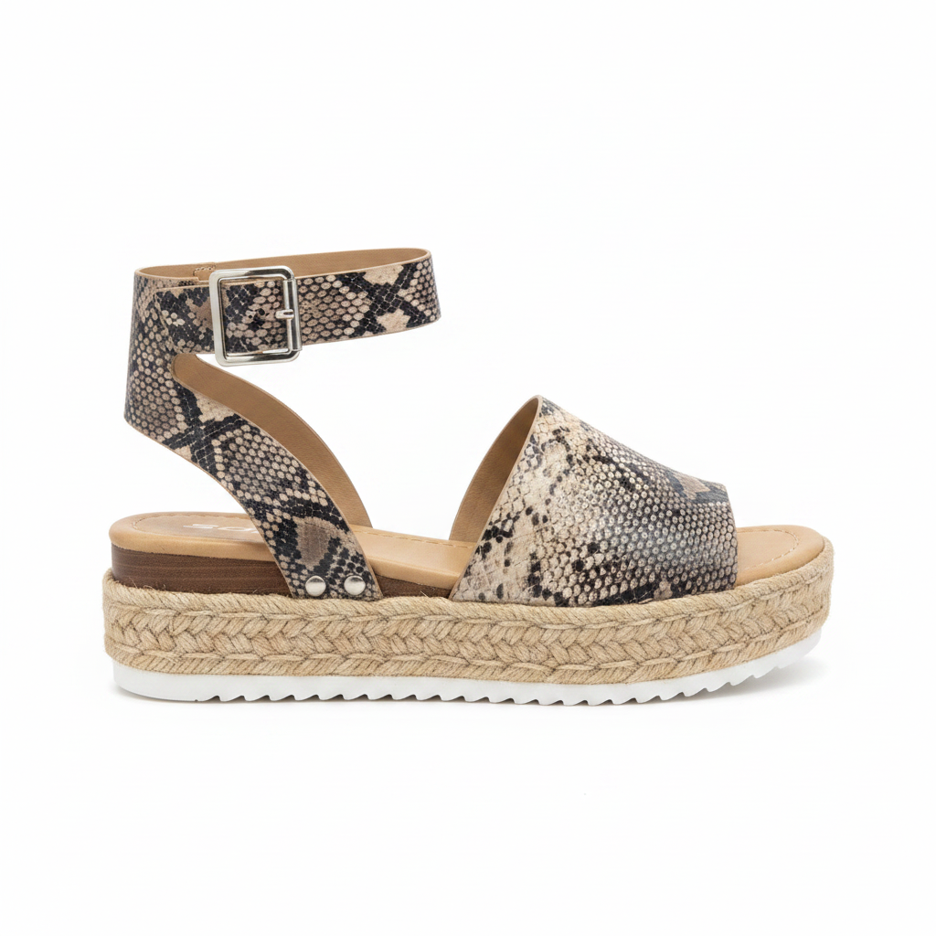 Women's charcoal python snake print espadrille platform sandal side profile view jute braided platform ankle strap buckle
