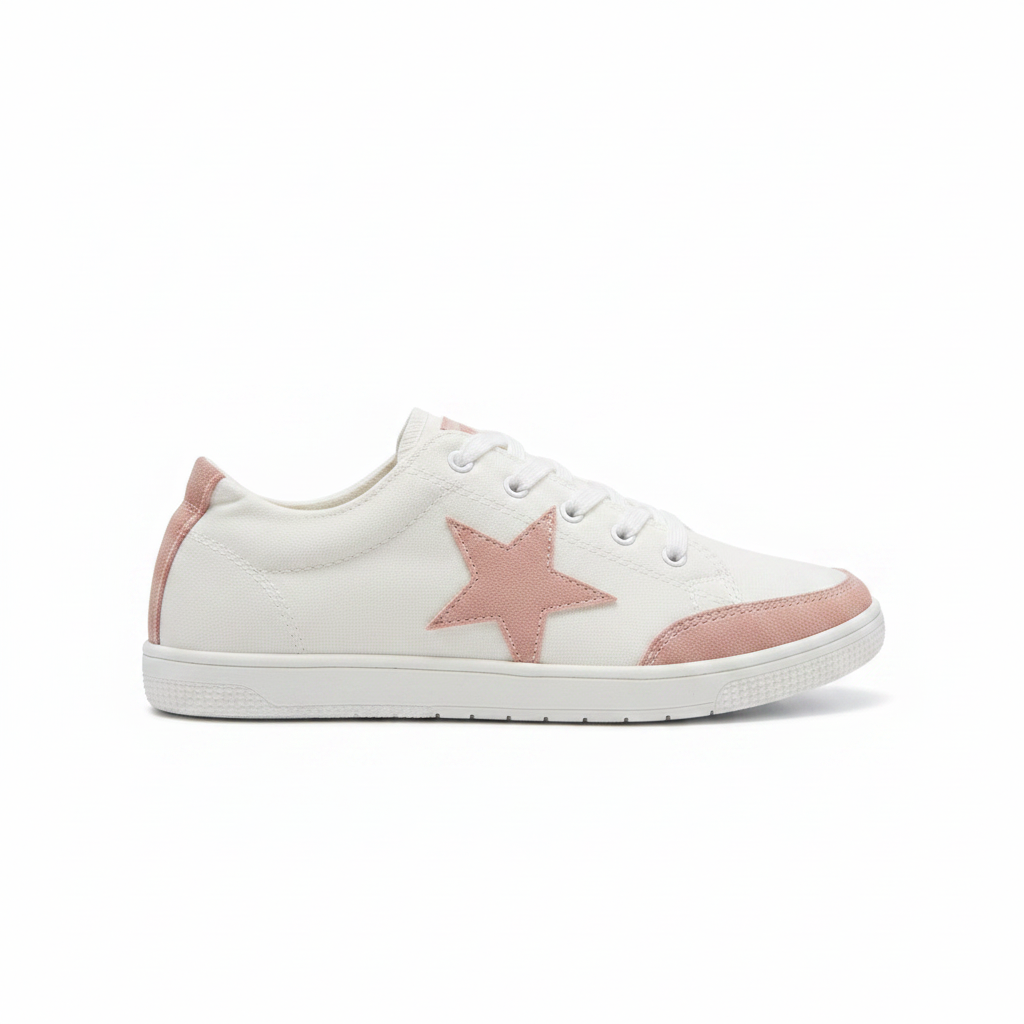 Women's white canvas star sneaker side profile blush pink suede star detail white cupsole lace-up