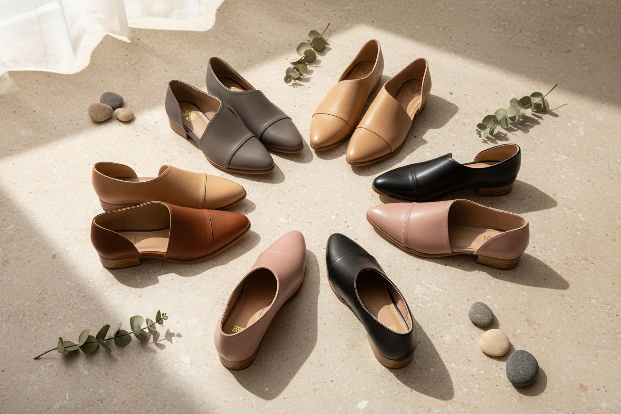 Women's D'Orsay cutout pointed toe flats in seven neutral colors — cognac, blush, camel, grey, black, taupe, mauve — BellanBlue
