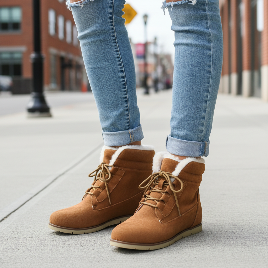 Woman standing wearing camel suede sherpa-lined lace-up ankle boots with light jeans on urban sidewalk, knees-down view
