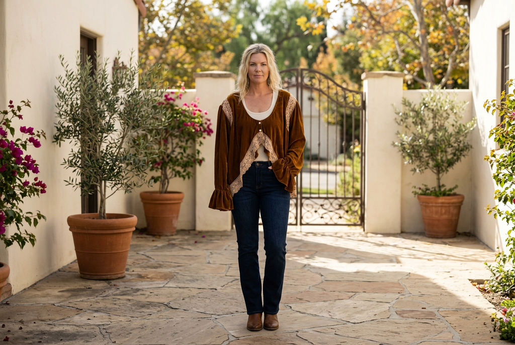 A Rare Bird Shop women's golden-brown velvet lace-trim jacket with jeans in a sunlit courtyard