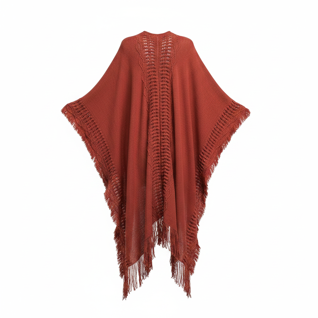 Women's rust fringe ruana wrap, back view, center ladder-stitch open-knit panel, full-length drape