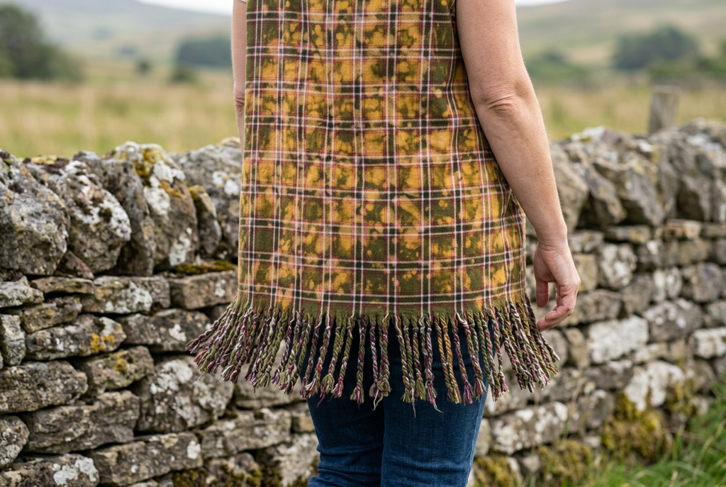 Close-up of the olive plaid back hem and twisted fringe on a vest beside a stone garden wall.