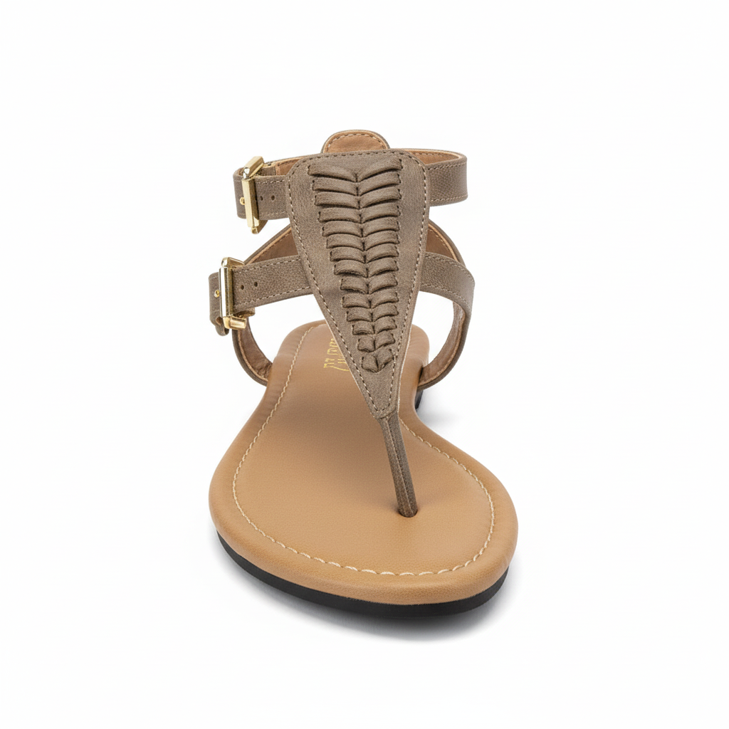 Taupe braided thong flat sandal with double gold buckle ankle straps, front view, white background