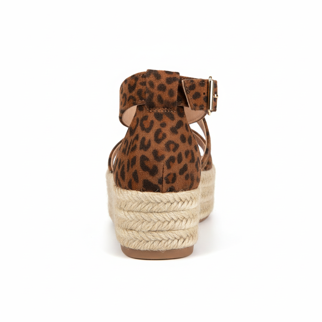 Back view of leopard print espadrille platform sandal showing heel counter and adjustable ankle strap buckle