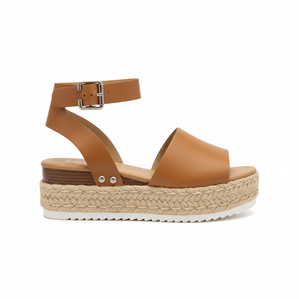 Women's tan espadrille platform sandal with braided jute sole, wood midsole, and ankle strap
