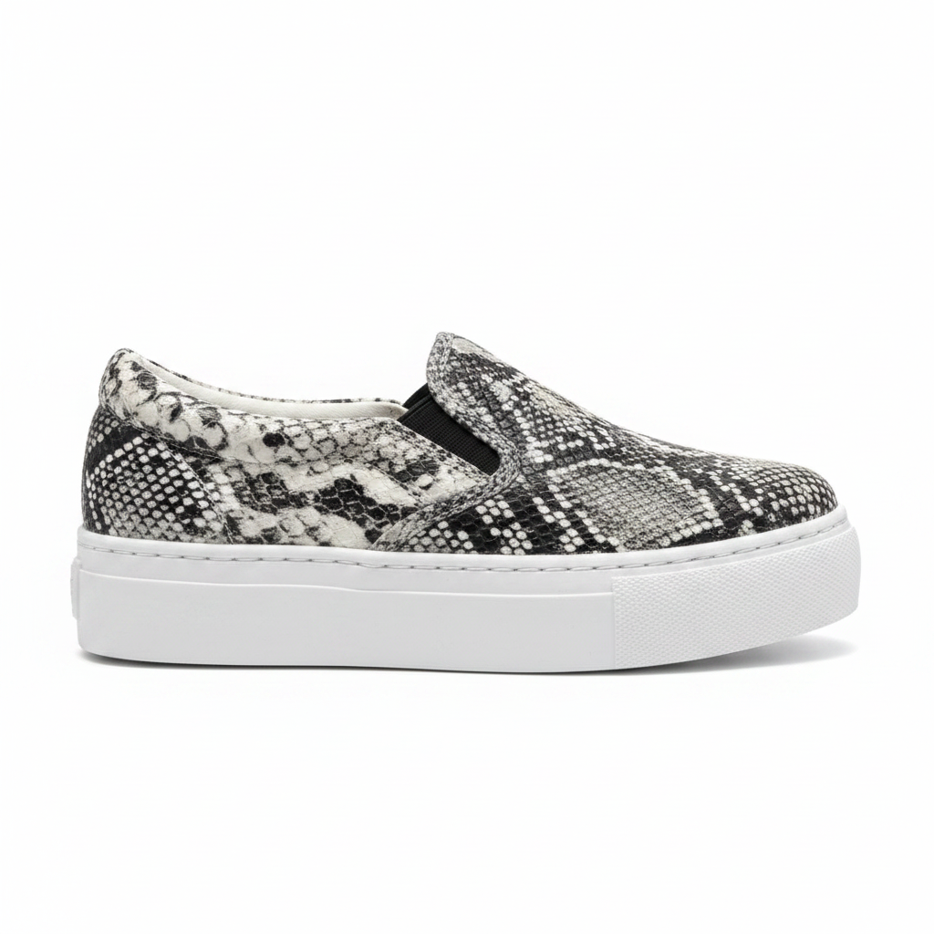 Women's black white python snakeskin platform slip-on sneaker side profile full silhouette