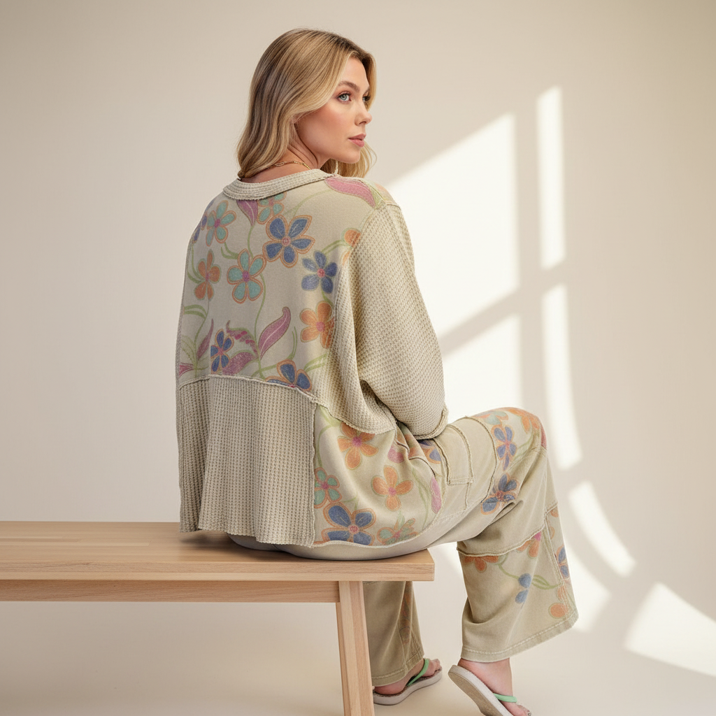 Easel women's dusty sage waffle knit floral top, seated pose showing back panel drape and cropped silhouette
