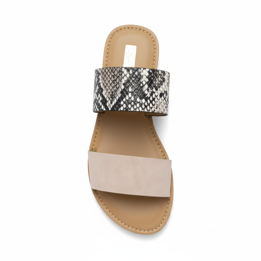 Women's blush suede double-strap flat slide sandal snake print ankle strap tan footbed top view white background