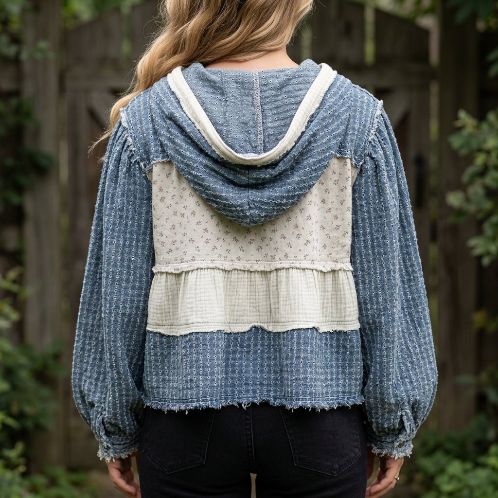 Back of a blue textured hoodie with cream floral patchwork and a gathered band by a garden gate.