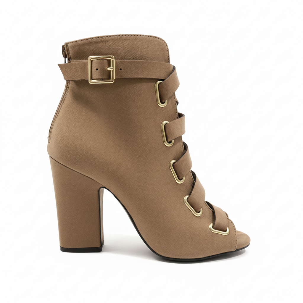 Qupid LITE-04 taupe ankle bootie outer side profile, gold D-ring hardware and block heel, white background