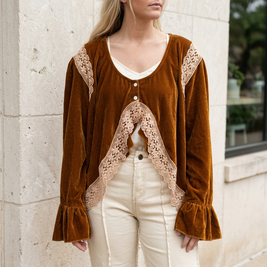 A Rare Bird Shop women's golden-brown velvet jacket front detail with cream crochet lace and flared cuffs