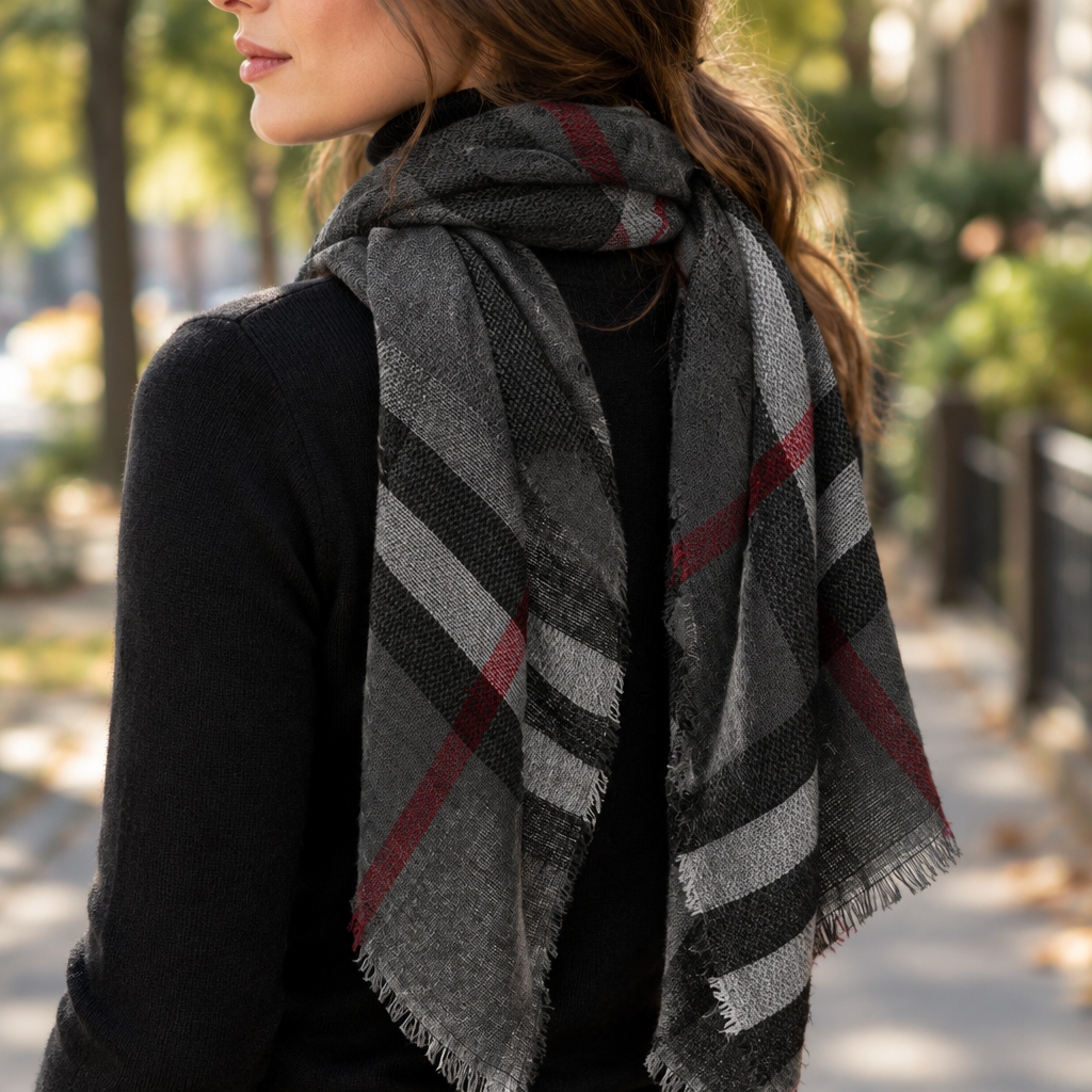 Back view close-up of ILLord black gray tartan scarf with red lines and fringed hem