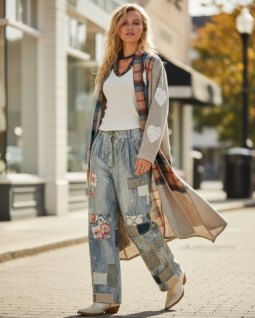 POL Clothing women's natural plaid patchwork longline coat with heart appliqués, walking city sidewalk brunch outfit