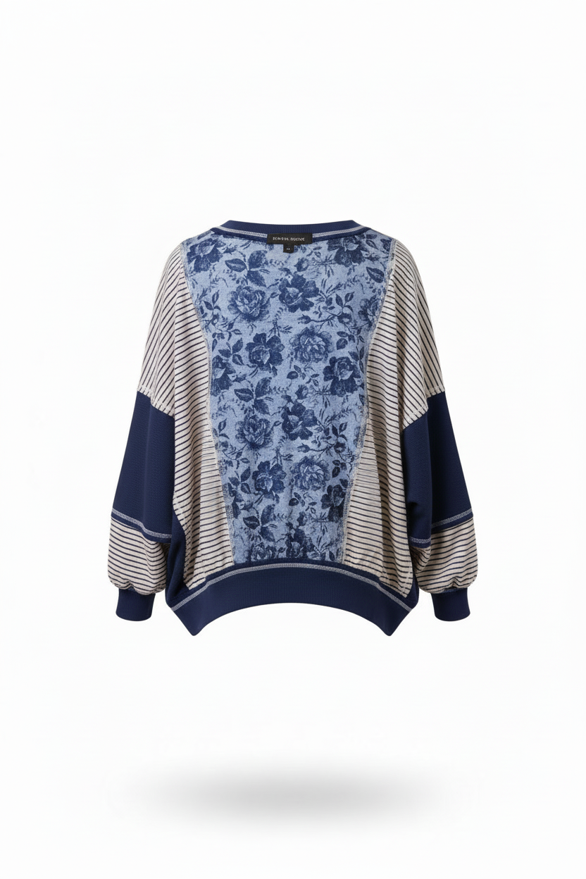 Colorblock Stripe Mix Top Blue/Denim - Back view showing full floral print panel