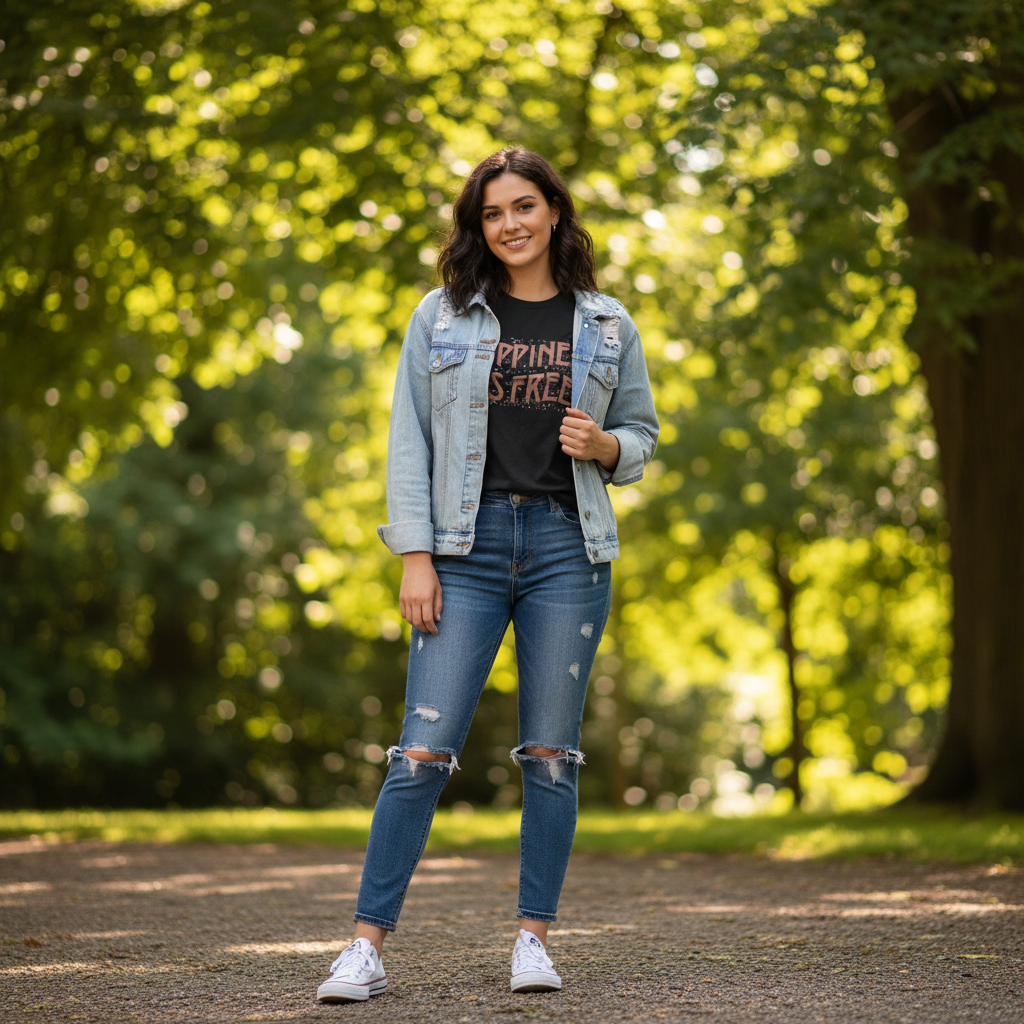 Black women’s graphic tee with rose gold Happiness is Free lettering layered under a denim jacket