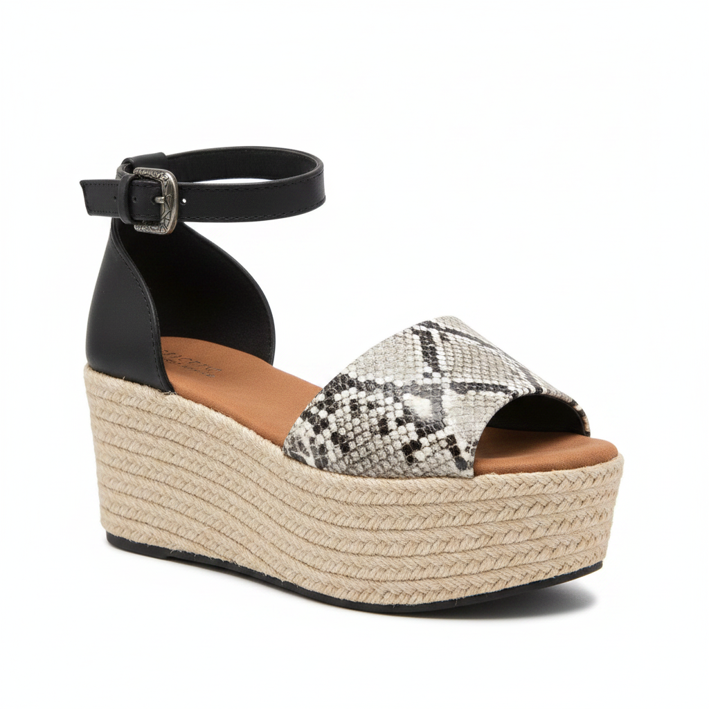 Women's snake print espadrille platform wedge sandal 3/4 front angle showing open toe and braided jute sole