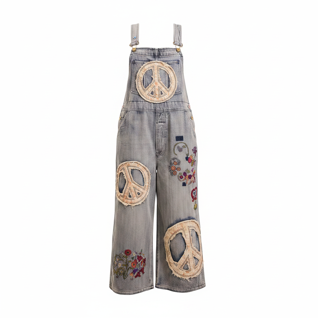 Bluevelvet women's denim overalls front view, frayed raffia peace patches, embroidered accents, wide leg bib
