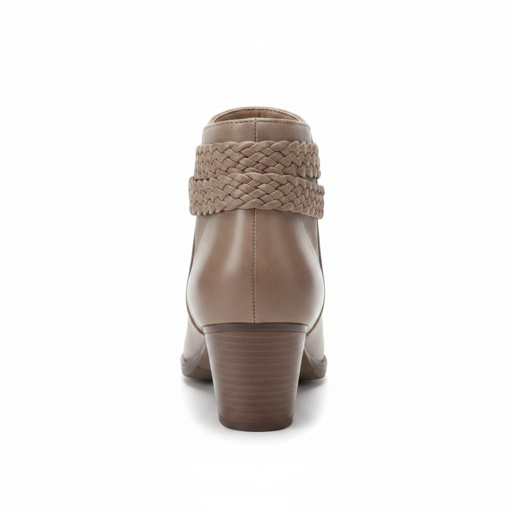 BellanBlue Lazzaro-2 taupe ankle bootie rear view showing block heel and back seam