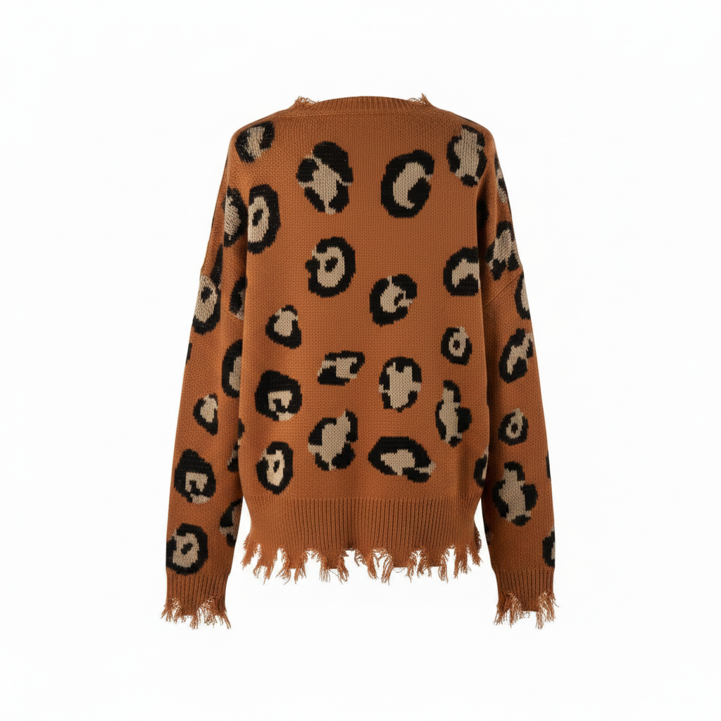 Women's camel brown leopard knit sweater back view, ghost mannequin, distressed fringe hem, oversized fit