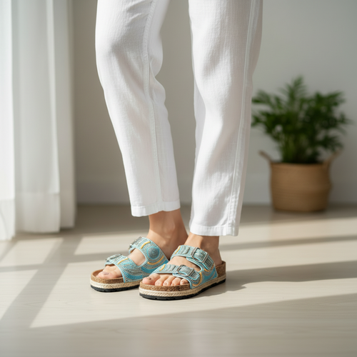 Woman wearing blue rhinestone espadrille sandals with white linen pants in bright natural setting