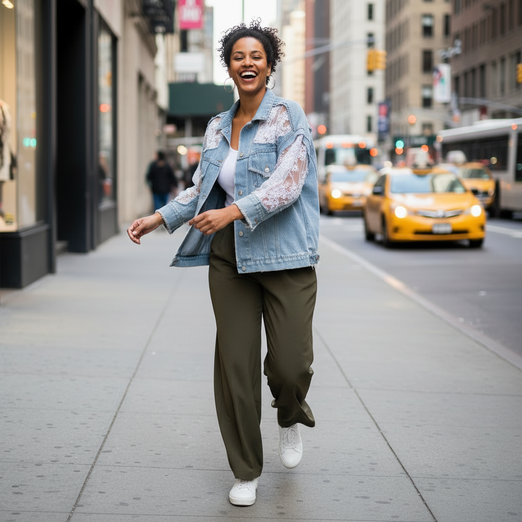 Women's light blue distressed denim jacket with sheer floral lace sleeves in motion candid walk styled with olive wide-leg trousers
