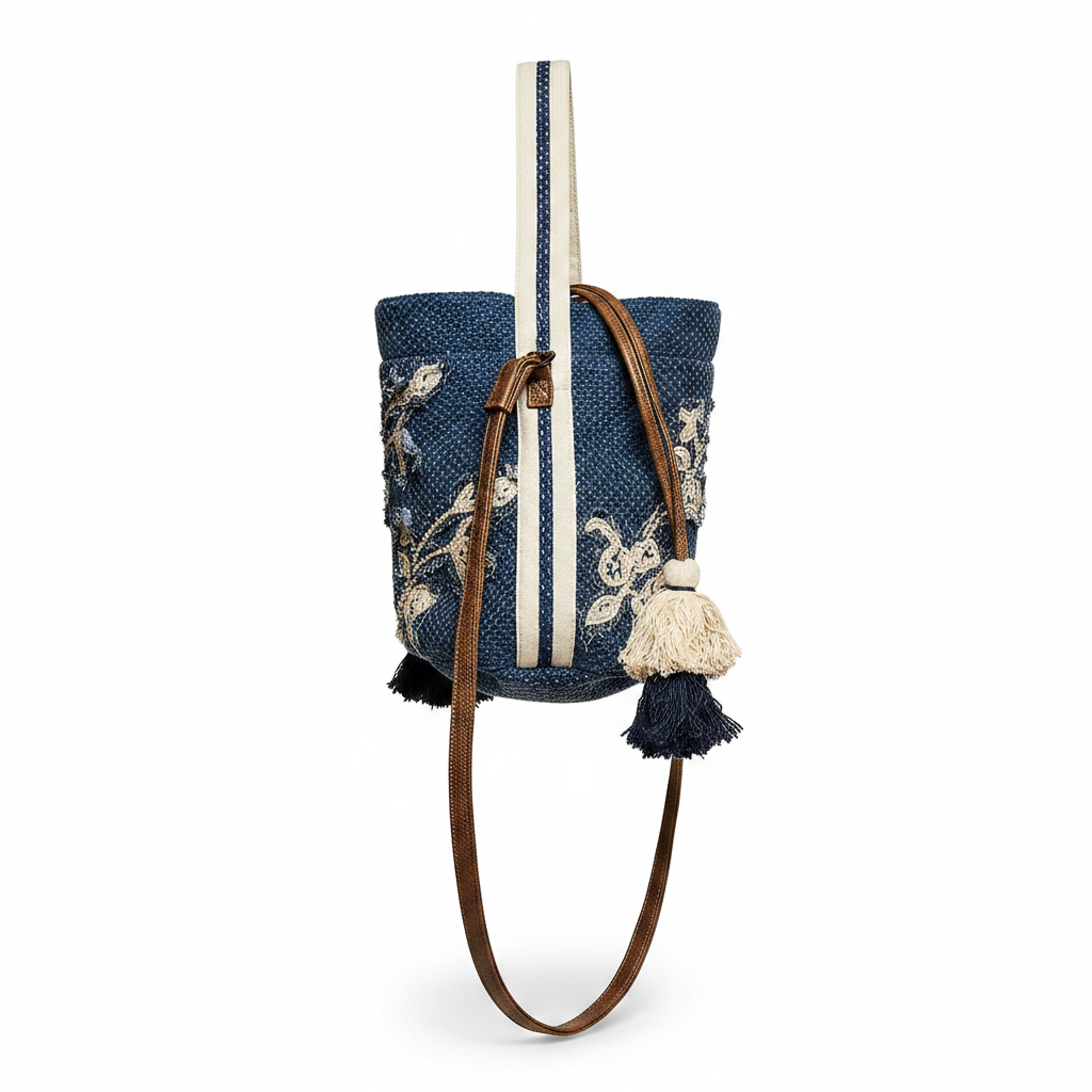 Women's embroidered crossbody bag side profile, woven denim, gusset depth, adjustable strap
