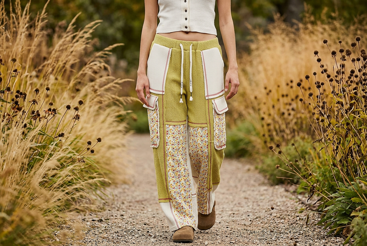 POL Clothing women's lime green floral patchwork wide-leg pants walking on an autumn garden path