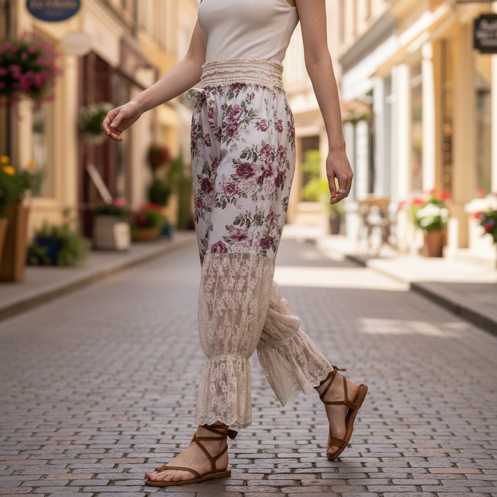 Bluevelvet women's off white floral pants with cream lace lower panels and ruffle cuff, boutique street style