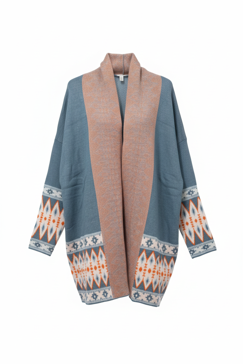 Color-block Aztec print cardigan in dusty blue and peachy-coral - front view showing oversized fit and geometric trim