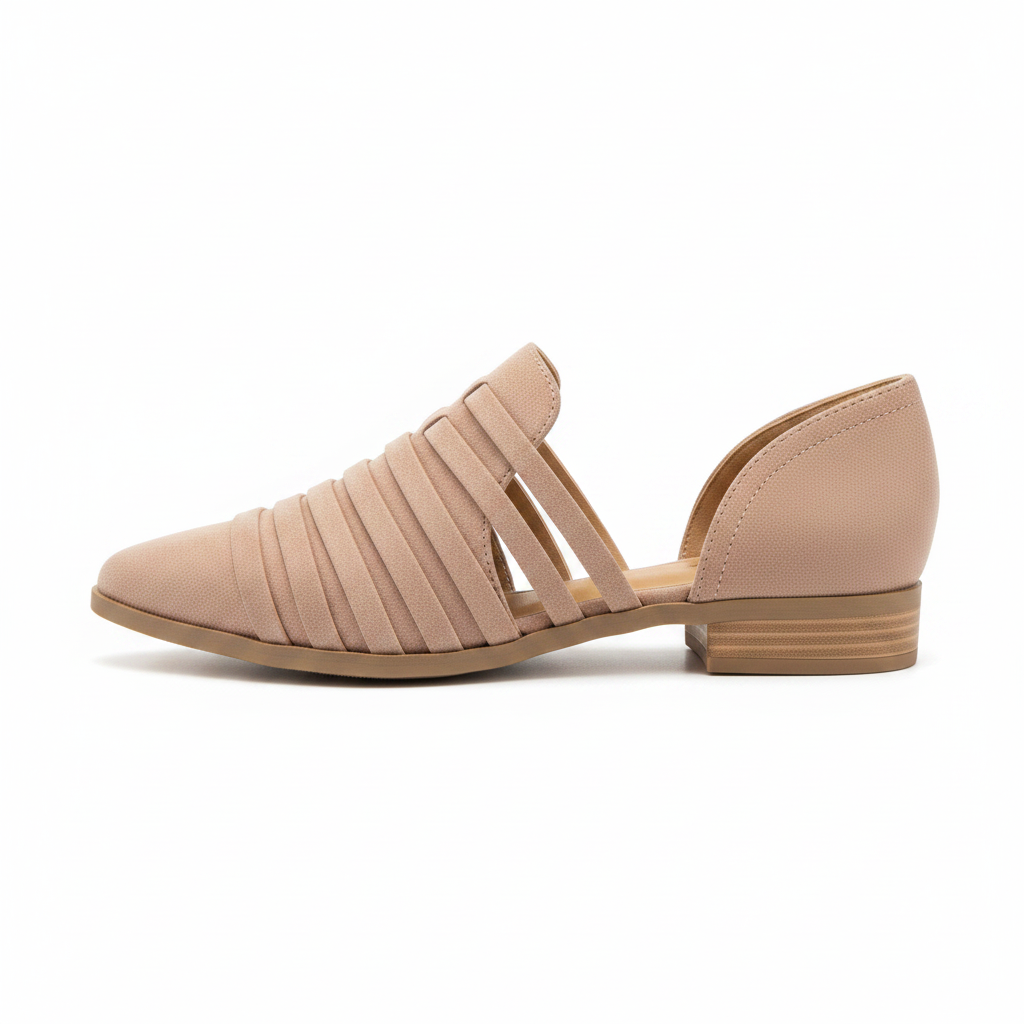 Qupid stone cage strap d'Orsay flat, inner side profile showing open d'Orsay cut and matte texture on white background
