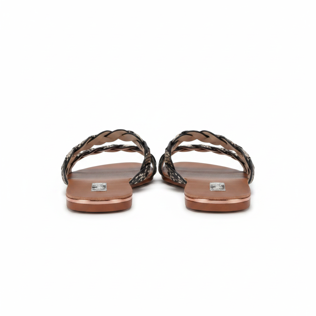 Qupid Britt-11 beige brown snake-print braided slide sandals, straight rear view showing heel and rose-gold sole edge