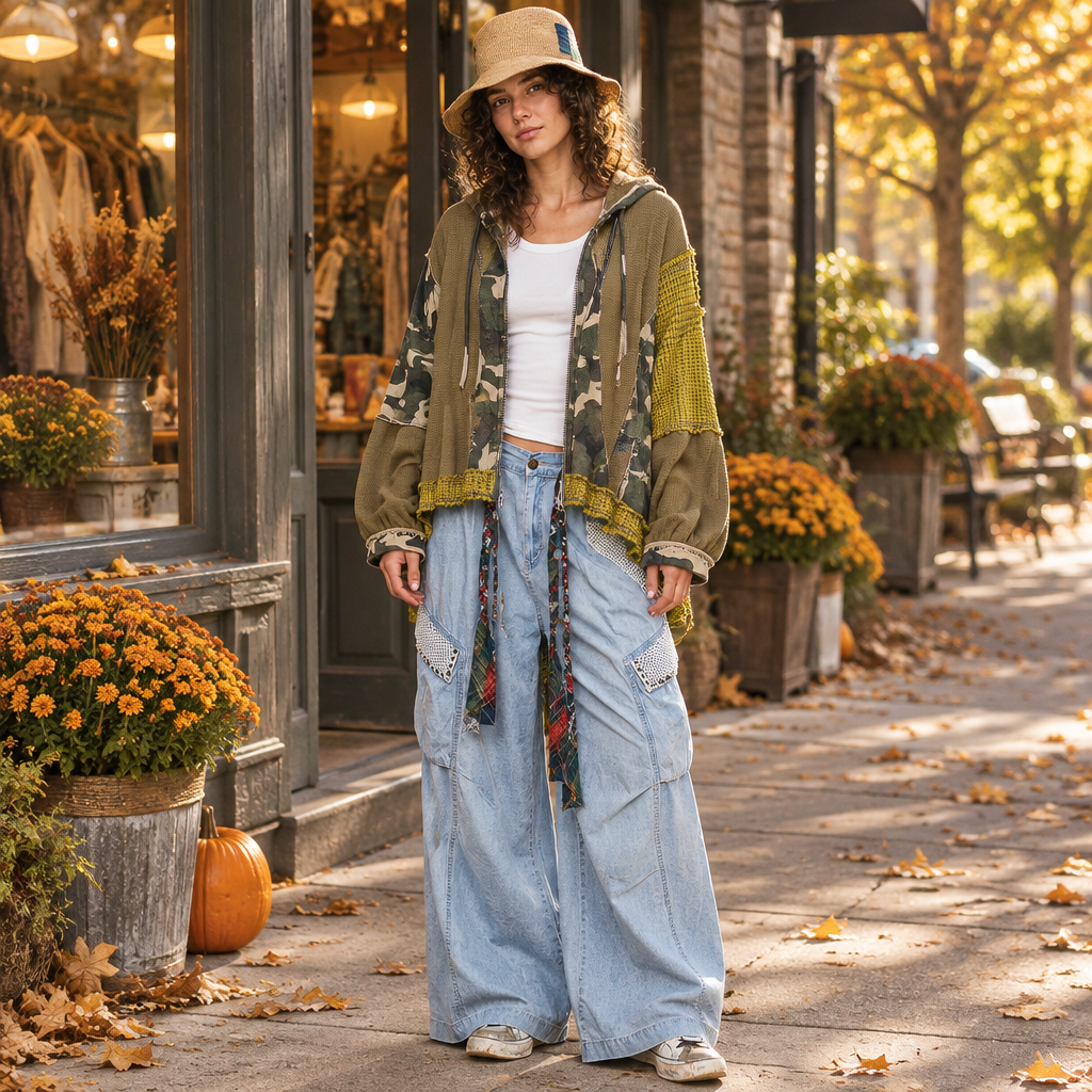 POL Clothing women's olive mixed-fabric hoodie with balloon sleeves on boutique sidewalk - BellanBlue