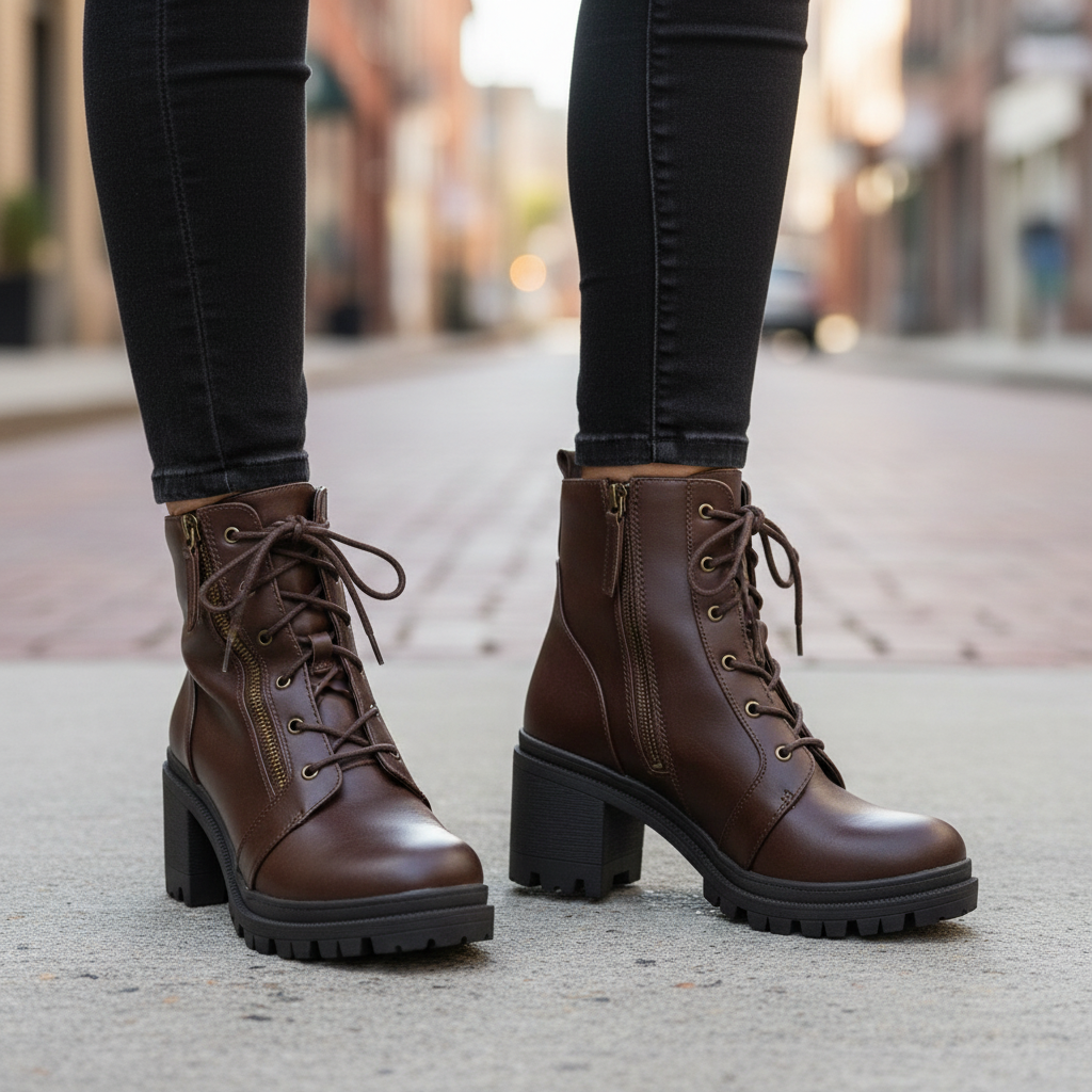 Woman standing in chocolate brown Soda combat ankle boots with skinny jeans on city sidewalk