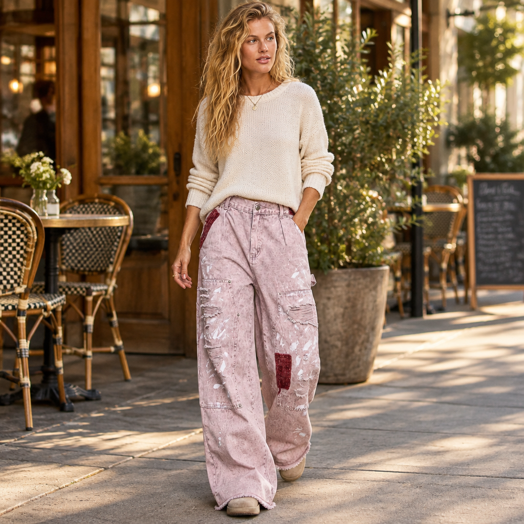 POL Clothing Cloud Pink carpenter pants with distressed knees, worn walking by an outdoor cafe
