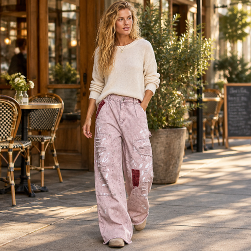 POL Clothing Cloud Pink carpenter pants with distressed knees, worn walking by an outdoor cafe
