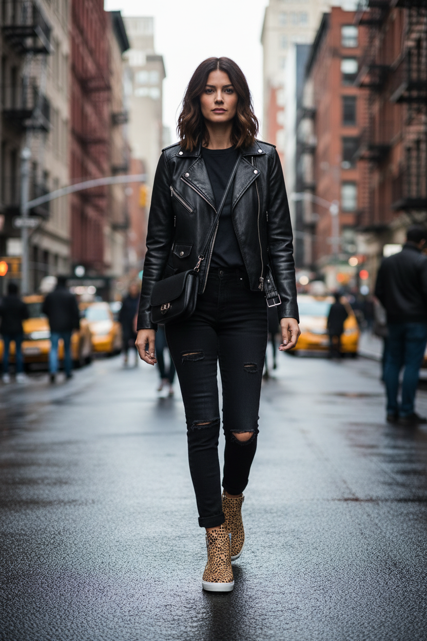 Woman wearing leopard print sneakers with black jeans and leather jacket on urban street