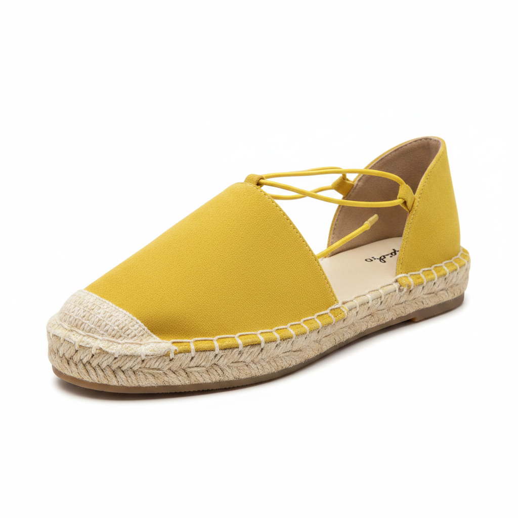 Qupid ELMORE-18A yellow suede PU espadrille lace-up flat sandal, 3/4 angle view, white background