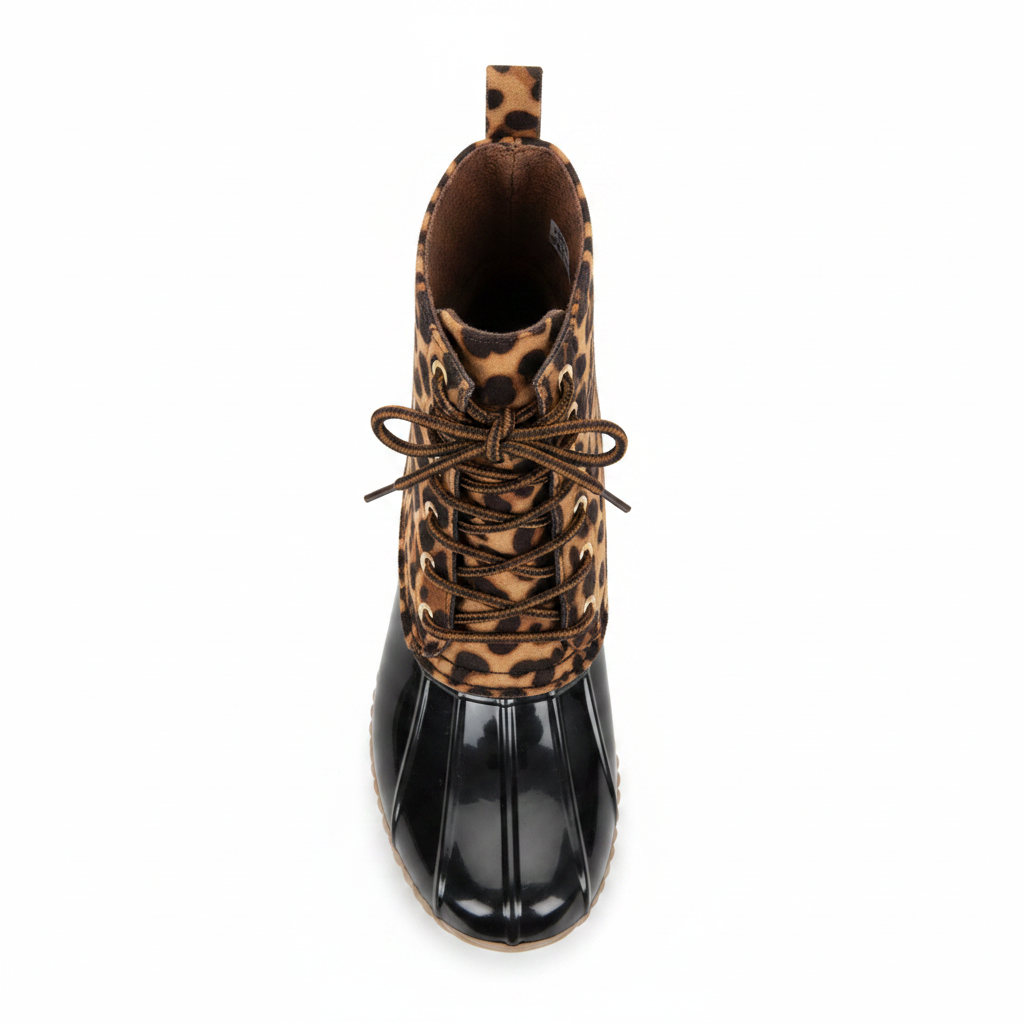 Women's leopard duck boot top-down view showing collar opening and brown lace detail - Yoki