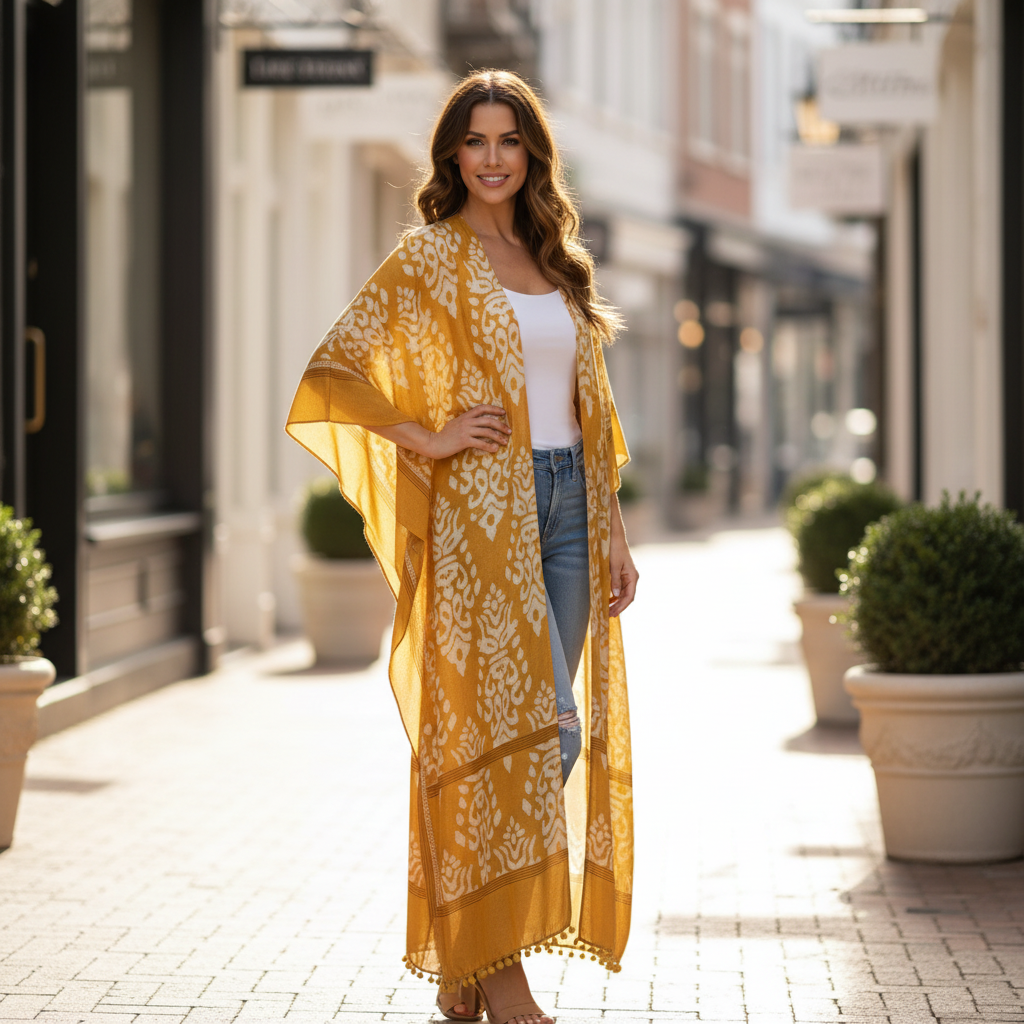 Urbanista women's mustard yellow damask print kimono duster with pom-pom trim, layered over jeans on a boutique sidewalk - BellanBlue