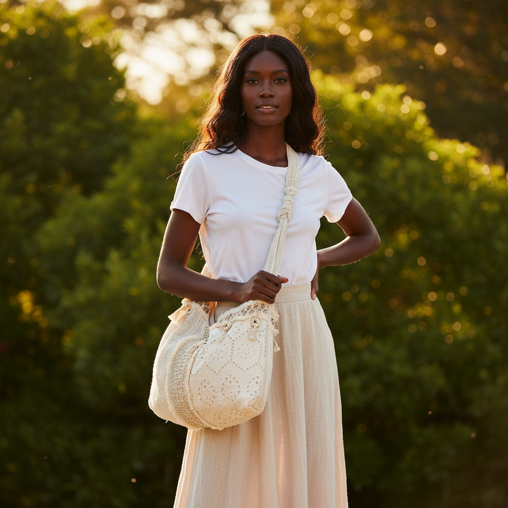 Cream patchwork fringe hobo bag worn over shoulder by model in flowy linen skirt and white tee, outdoor golden hour setting