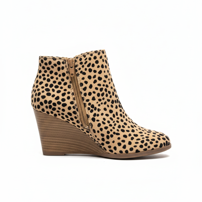 Cheetah print wedge ankle bootie with side zipper - right side view - Soda Shoes