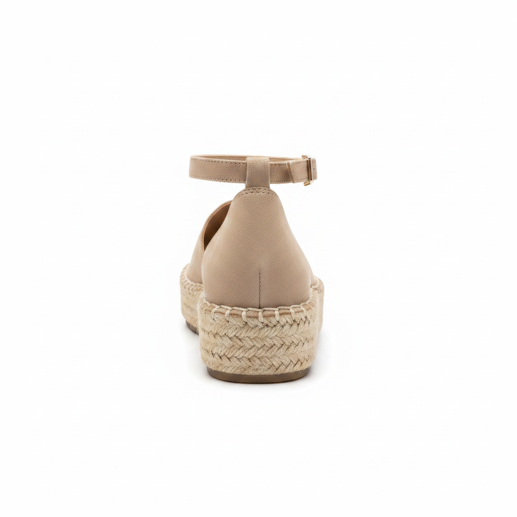 Women's taupe suede espadrille flatform sandal back view showing ankle strap buckle closure and woven jute platform