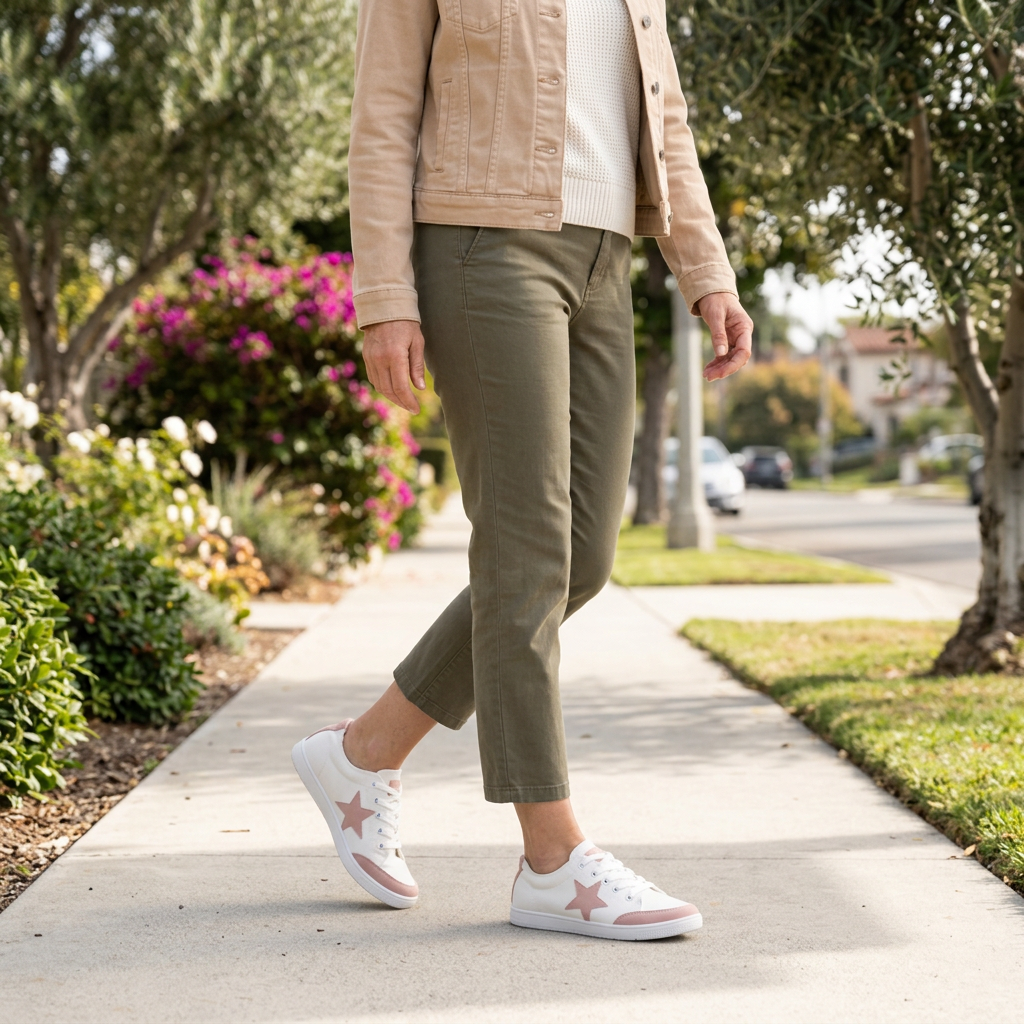 Women's white canvas star sneakers with blush pink trim worn with olive trousers on a sidewalk