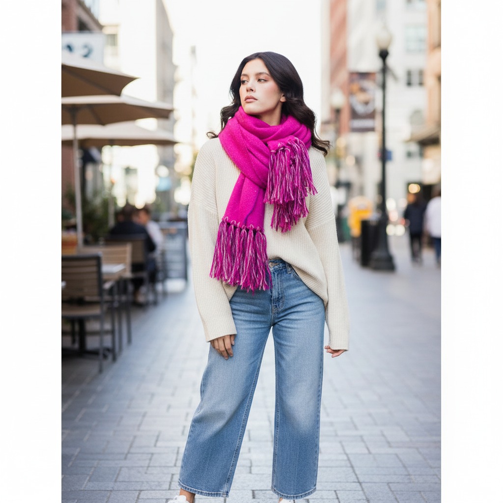 Women's fuchsia speckled knit scarf wrap tied over oversized sweater and wide-leg jeans, boho fringe