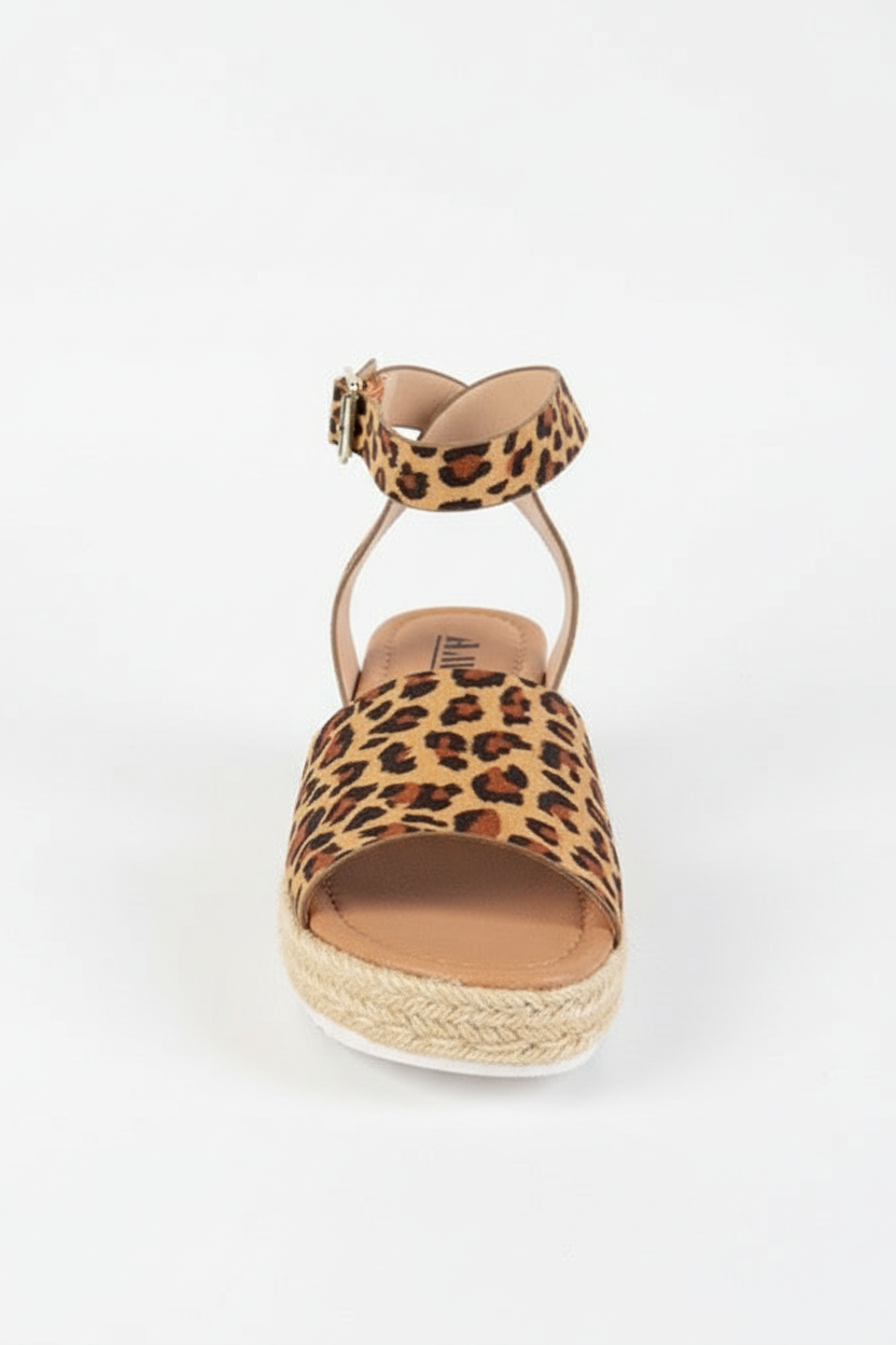 Women's leopard print espadrille platform sandal front view showing open toe design