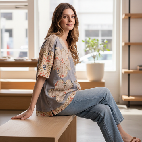 Bluevelvet women's dusty blue floral appliqué top, relaxed boxy silhouette, seated side angle view