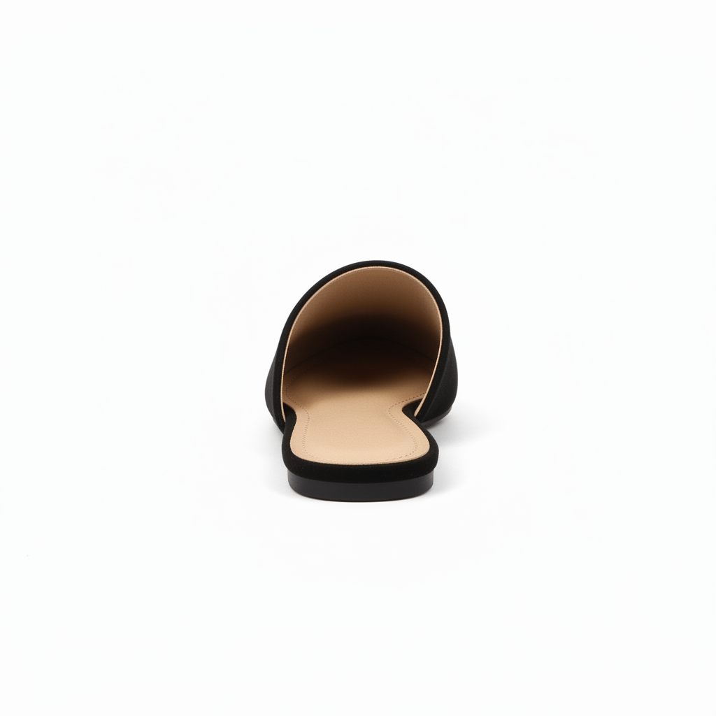 Bella Marie black pointed toe mule slide, straight rear view on white background showing open-back heel design