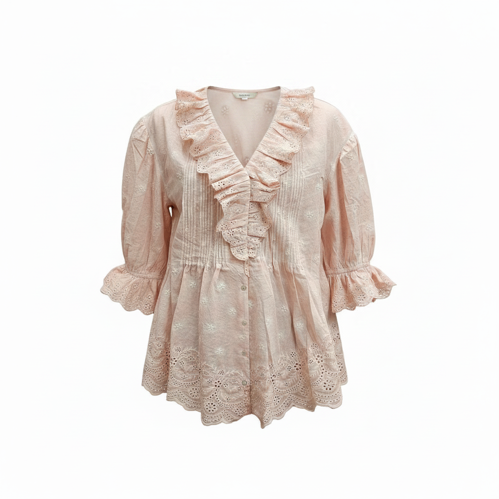 Women's blush pink eyelet embroidery ruffle blouse, cotton, relaxed peplum fit - BellanBlue